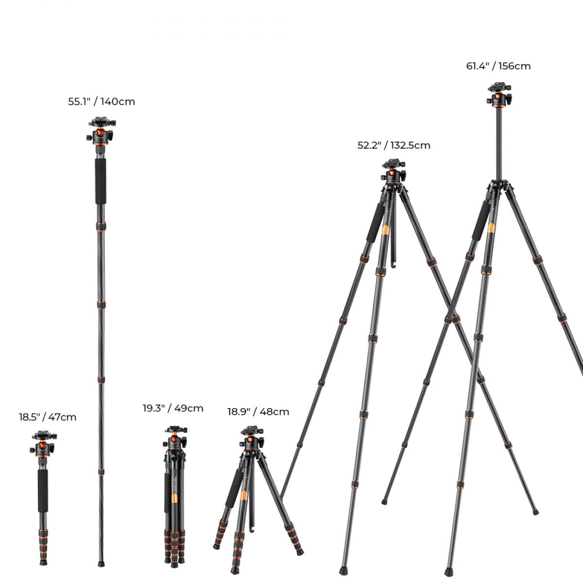 Profesyonel Karbon Fiber Tripod 15kg/33lbs Maks. Yük 156cm/61.4" Maks. Yükseklik, Kompakt ve Taşınabilir, 360° Top Kafalı ve Ayrılabilir Monopodlu, A255C2+BH-35L