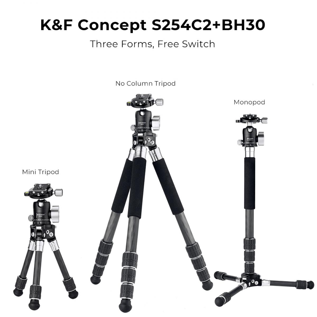 K&F Concept tripod de fibra de carbono leve com cabeça de bola 360° 10kg/22lbs Carga 130cm/51.2" Altura máxima S254C2+BH30