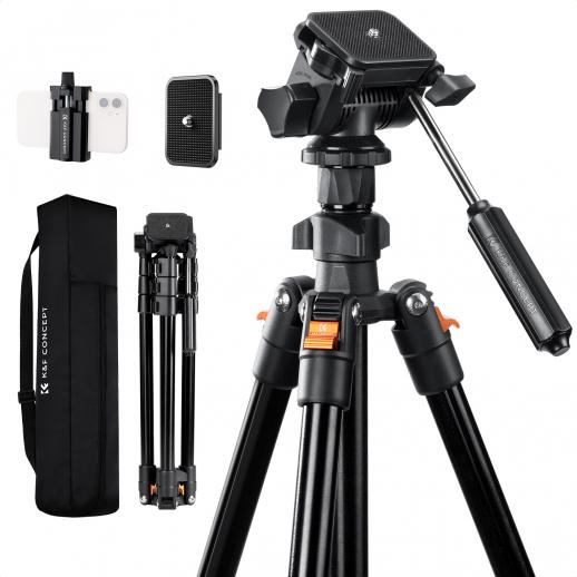196cm Treppiede Leggero in Alluminio per Fotografia e Trasmissioni in Diretta + Testa Video+ Clip per Telefono, Carico 3kg, Peso 1,26kg - O234A5+BV01