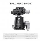 K&F Concept X-Serie 68" / 172cm Kulstof Fiber Kamerastativ med 30mm Metal Kuglehoved, Professionelt Fotostativ 12KG Belastning til DSLR, Video, Landskabs- og Rejsefotografering X254C4+BH-30