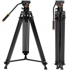 72"/1.8m Aluminum Video Camera Tripod Transverse Center Column 17.6lbs/8KG with Fluid Head, for DSLR Camcorders Camera VA18+ VH081