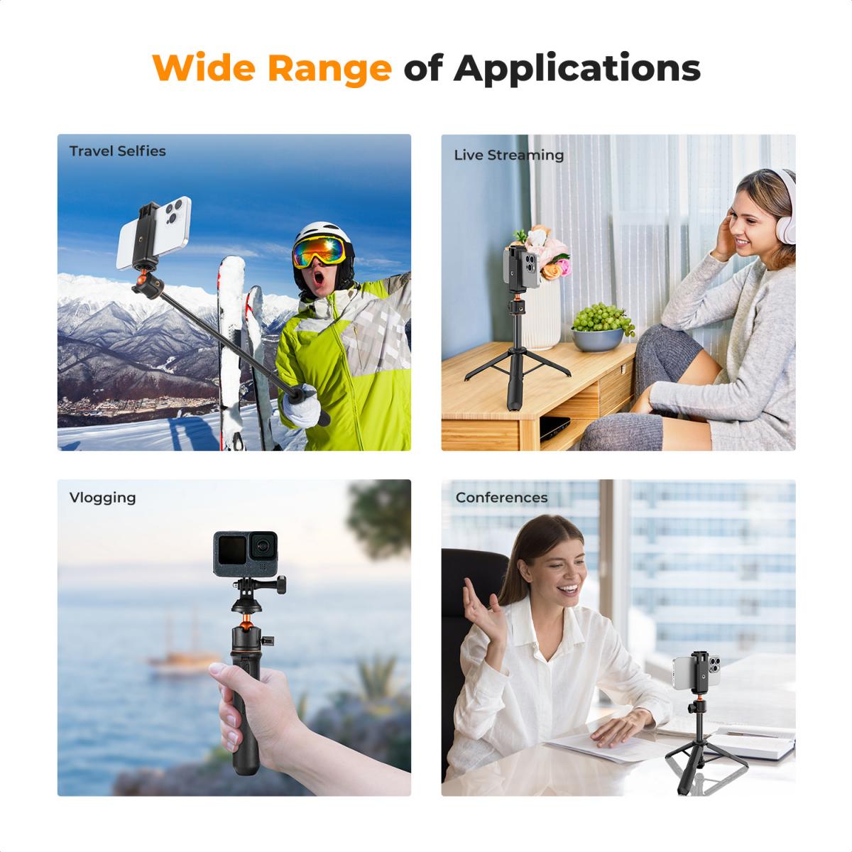 Stojak na biurko do selfie stick 23,6''/60 cm 3 w 1 z głowicą kulową + uchwyt na telefon komórkowy + adapter GoPro + pilot Bluetooth MS11