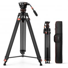 Trépied Vidéo 191 cm (75,19") avec Tête Fluide à Amortissement Continu - Support Robuste en Aluminium - Inclinaison -75°/+90° - Idéal pour Cinéma, Documentaire et Studio