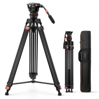 Trépied Vidéo 191 cm (75,19") avec Tête Fluide à Amortissement Continu - Support Robuste en Aluminium - Inclinaison -75°/+90° - Idéal pour Cinéma, Documentaire et Studio