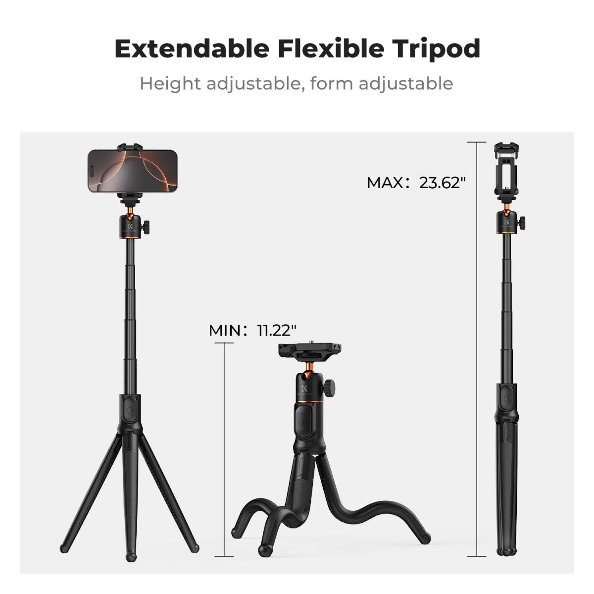 K&F Concept Telefonstativ, Utvidbart fleksibelt stativ med fjernkontroll 24 tommer Lite stativ for iPhone, Mini Tripod Max Load 4,4lb for iPhone 16 15 14 Pro Max XS Max X 8 Samsung Canon Nikon Sony kameraer.