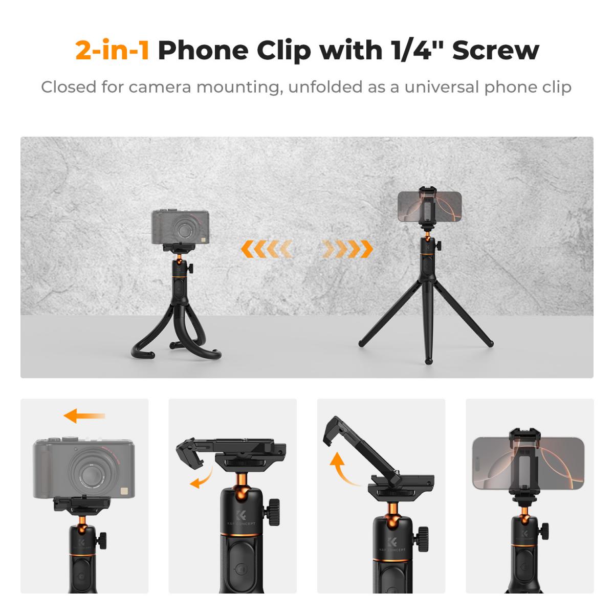 K&F Concept Telefonstativ, Utvidbart fleksibelt stativ med fjernkontroll 24 tommer Lite stativ for iPhone, Mini Tripod Max Load 4,4lb for iPhone 16 15 14 Pro Max XS Max X 8 Samsung Canon Nikon Sony kameraer.