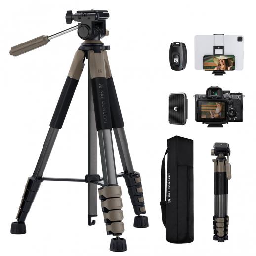 75"/190cm Trépied Appareil Photo en Aluminium, Trépied Caméra de Voyage Portable Compact et Léger avec Tête Supportant 4kg, Prise de Vue Bluetooth 10m