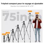 75"/190cm Trépied Appareil Photo en Aluminium, Trépied Caméra de Voyage Portable Compact et Léger avec Tête Supportant 4kg, Prise de Vue Bluetooth 10m