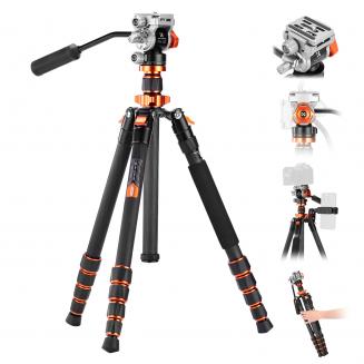 67"/173 cm Trépied Vidéo en Fibre de Carbone avec Tête Fluide, Trépied Appareil Photo Léger et Portable, Prise de Vue à +90°/-90° | Dimension Pliée: 42 cm