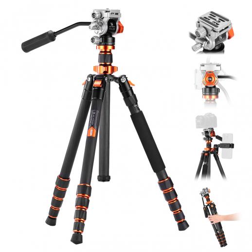 67"/173 cm Trépied Vidéo en Fibre de Carbone avec Tête Fluide, Trépied Appareil Photo Léger et Portable, Prise de Vue à +90°/-90° | Dimension Pliée: 42 cm
