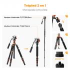 67"/173 cm Trépied Vidéo en Fibre de Carbone avec Tête Fluide, Trépied Appareil Photo Léger et Portable, Prise de Vue à +90°/-90° | Dimension Pliée: 42 cm