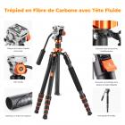67"/173 cm Trépied Vidéo en Fibre de Carbone avec Tête Fluide, Trépied Appareil Photo Léger et Portable, Prise de Vue à +90°/-90° | Dimension Pliée: 42 cm