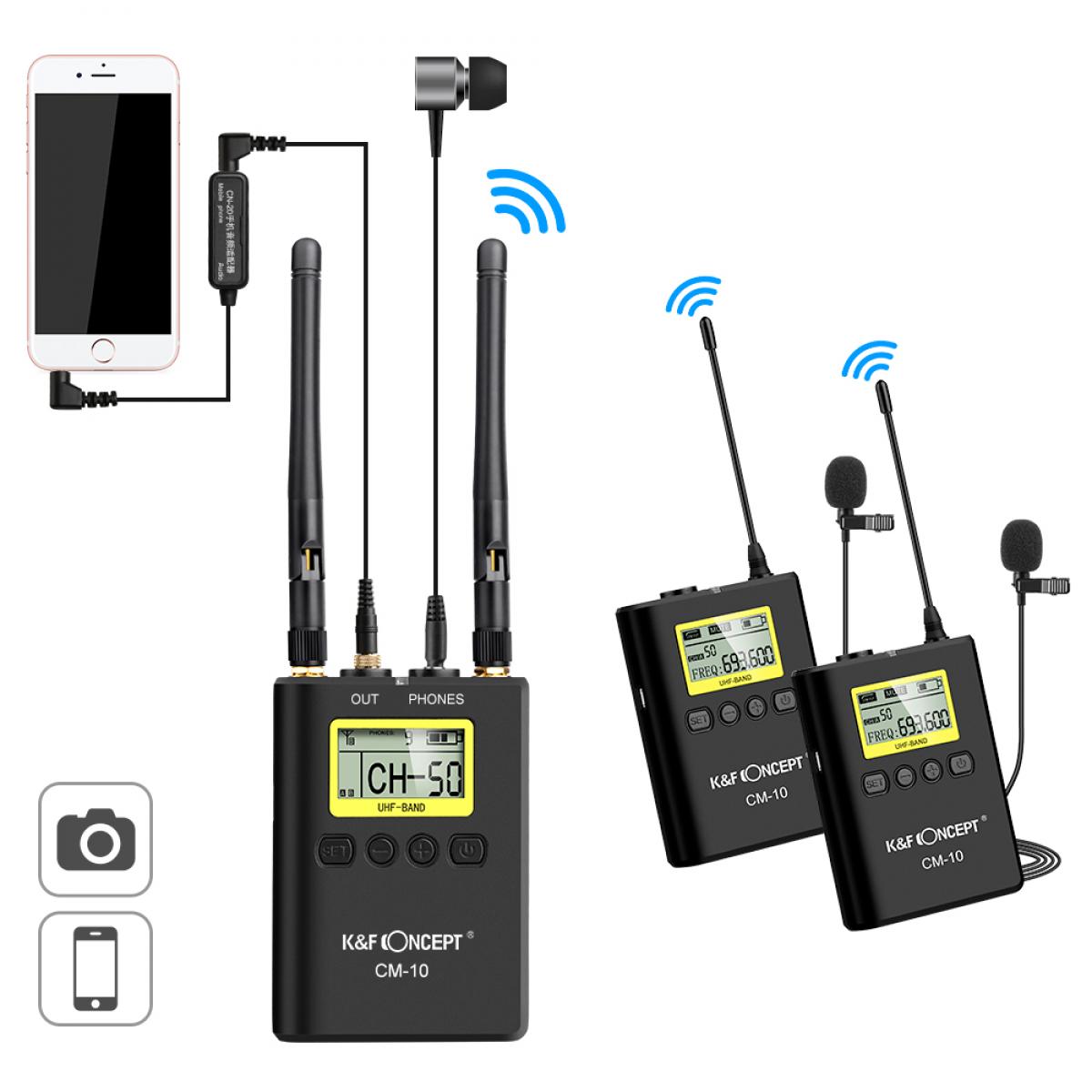 UHF 100M Remote Wireless Lavalier -mikrofoni 100 kanavaa 2 lähettimellä + 1 kaksikanavainen vastaanotin esittelyä ja haastattelua varten CM-10