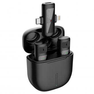 M10 en-to trådløs mikrofon med ladeveske, Type-C, Apple-grensesnitt 2 i 1 trådløs Lavalier-mikrofon, 3 nivåer av støyreduksjon, for Youtube, opptak, videoblogging, Facebook Live Streaming