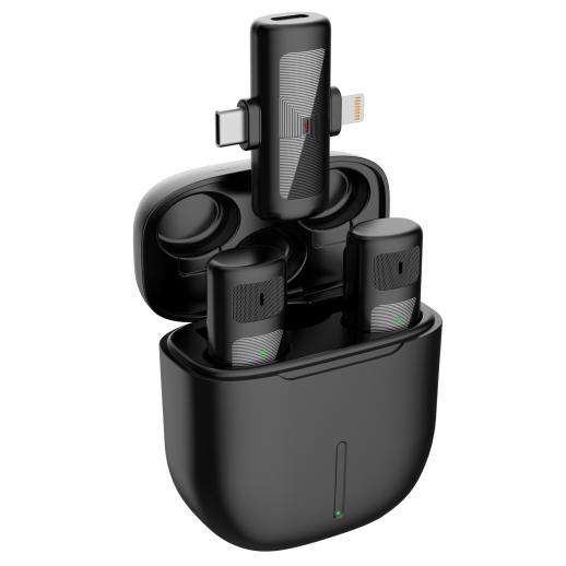 M10 en-to trådløs mikrofon med ladeveske, Type-C, Apple-grensesnitt 2 i 1 trådløs Lavalier-mikrofon, 3 nivåer av støyreduksjon, for Youtube, opptak, videoblogging, Facebook Live Streaming