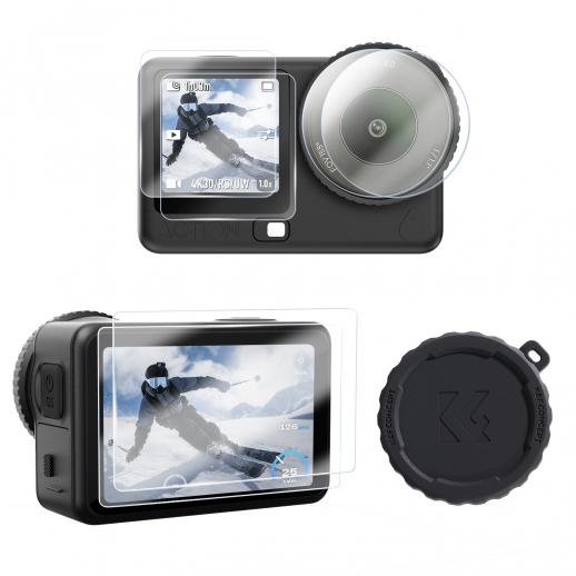 K&F CONCEPT Skærmbeskytter til DJI OSMO Action 6 Kamera + Objektivdæksel 0,3 mm 9H Hårdhed Hærdet Glasbeskytter, Anti-Ridse Anti-Boble (2-pak)