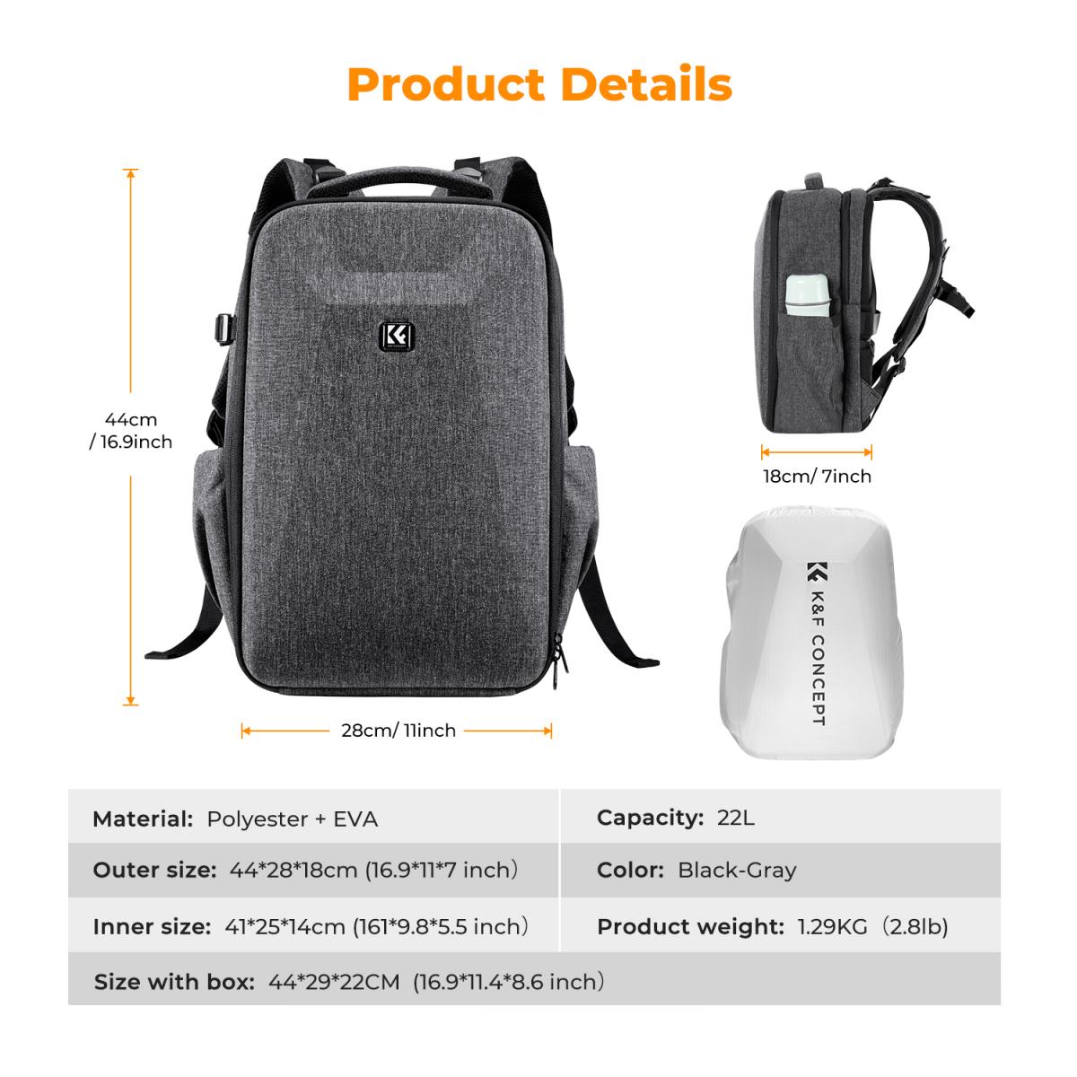 K&F Concept Zaino Fotografico 20L Impermeabile | Per Reflex E 3 Obiettivi + Laptop 15.6" | Antifurto Con Copertura Pioggia
