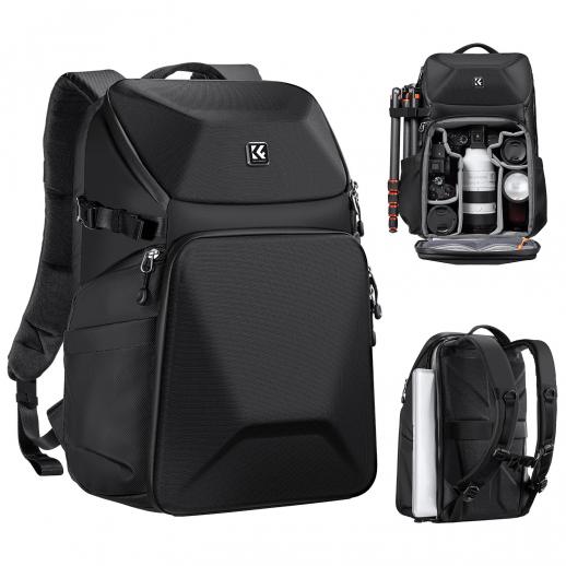 K&F Concept kameraryggsekk 20L stor vanntett kameraveske med front hardshell / 15,6" bærbar datamaskin / stativrom for fotografer, svart