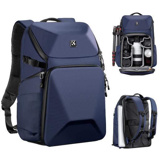 K&F Concept kameraryggsäck 20L stor vattentät kameraväska med främre hårdskal / 15,6" laptop-/stativfack för fotografer, blå