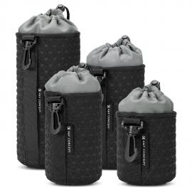 4-pak kameraobjektivtasker, beskyttende objektivtaske til spejlløse objektiver, objektivtasker med snøre til Canon, Nikon, Pentax, Sony og Olympus-objektiver