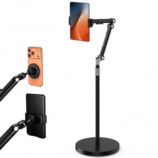 K&F CONCEPT Universele Tabletstandaard en Telefoonhouder voor op de Vloer met 2,89 kg verzwaarde voet, inclusief magnetische kop, tablet- en telefoonklemmen, 1,6 m verstelbare arm voor bed en bank, compatibel met iPad en iPhone