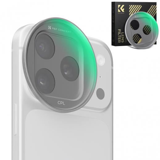 K&F CONCEPT FCA01 Snap-On CPL-filter voor iPhone 17 Pro Max/17 Pro, 9,5 g ultralicht polarisatiefilter met Snap-on Deco-bevestiging, AGC-glas met 28-laags antireflectiecoating.