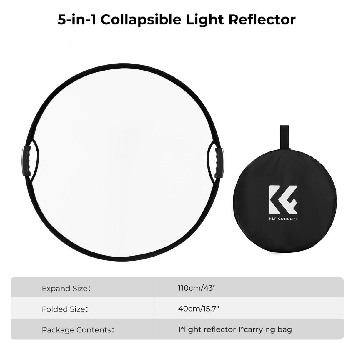 Refletor circular cinco em um com alça 110 cm dourado prateado preto branco translúcido painel de luz suave retrato fotografia ao ar livre bloqueio de luz portátil dobrável acessório para tenda fotográfica K&F Concept