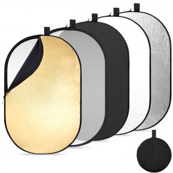 Réflecteur Photo 5-en-1 (100 x 150 cm) Pliable - Or, Argent, Noir, Blanc, Diffuseur pour Portrait & Studio avec Sac de Transport