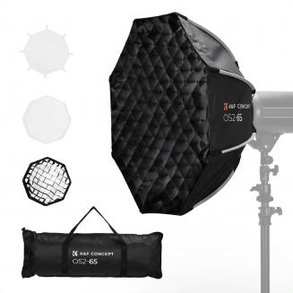 Softbox octogonal K&F CONCEPT de 65 cm, montura Bowens estándar. Incluye malla de nido de abeja, tela difusora y bolsa de almacenamiento con cordón. Compatible con todas las luces de relleno, flashes de estudio, etc., con montura Bowens estándar.