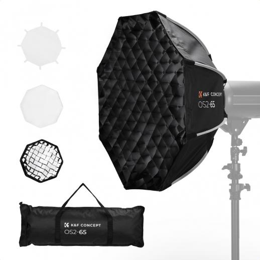 Softbox ottagonale K&F CONCEPT da 65 cm, attacco Bowens standard, include rete a nido d'ape, telo diffusore e sacca di trasporto con coulisse. Adatto a tutte le luci di riempimento, flash da studio, ecc. con attacco Bowens standard.