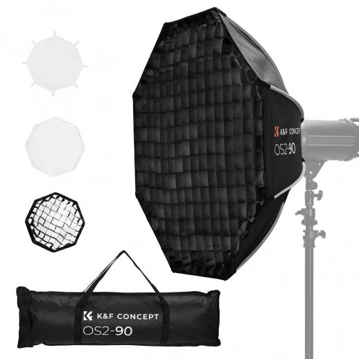 Softbox ottagonale K&F CONCEPT da 90 cm, attacco Bowens standard, include rete a nido d'ape, telo diffusore e sacca di trasporto con coulisse. Compatibile con tutte le luci di riempimento, flash da studio, ecc. con attacco Bowens standard.