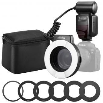 K&F Concept TTL Ringblitz Makro Blitz Ring Blitzgeräte für Canon SLR/DSLR mit AF-Hilfslicht Adapterringe Leitzahl 14