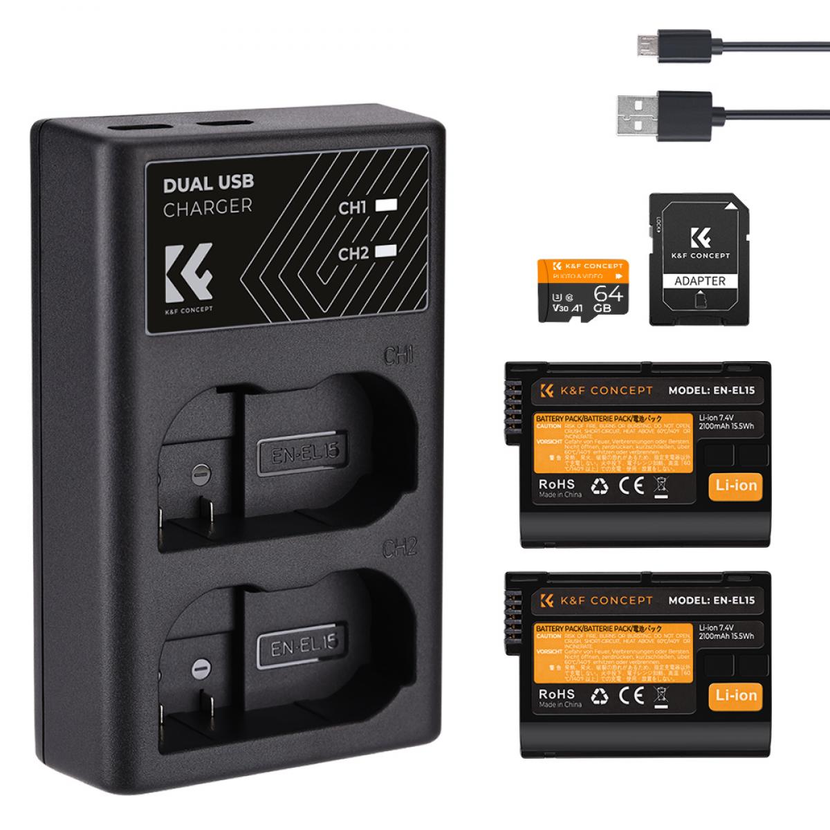 K&F CONCEPT EN-EL15 rechargeable battery 2-pack + battery charger + 64GB micro SD card kit; Compatible cameras: Nikon D7000, D7100, D7200, D750, D850, D810, D800, D800E, D750, D610, D600, D500, 1 V1
