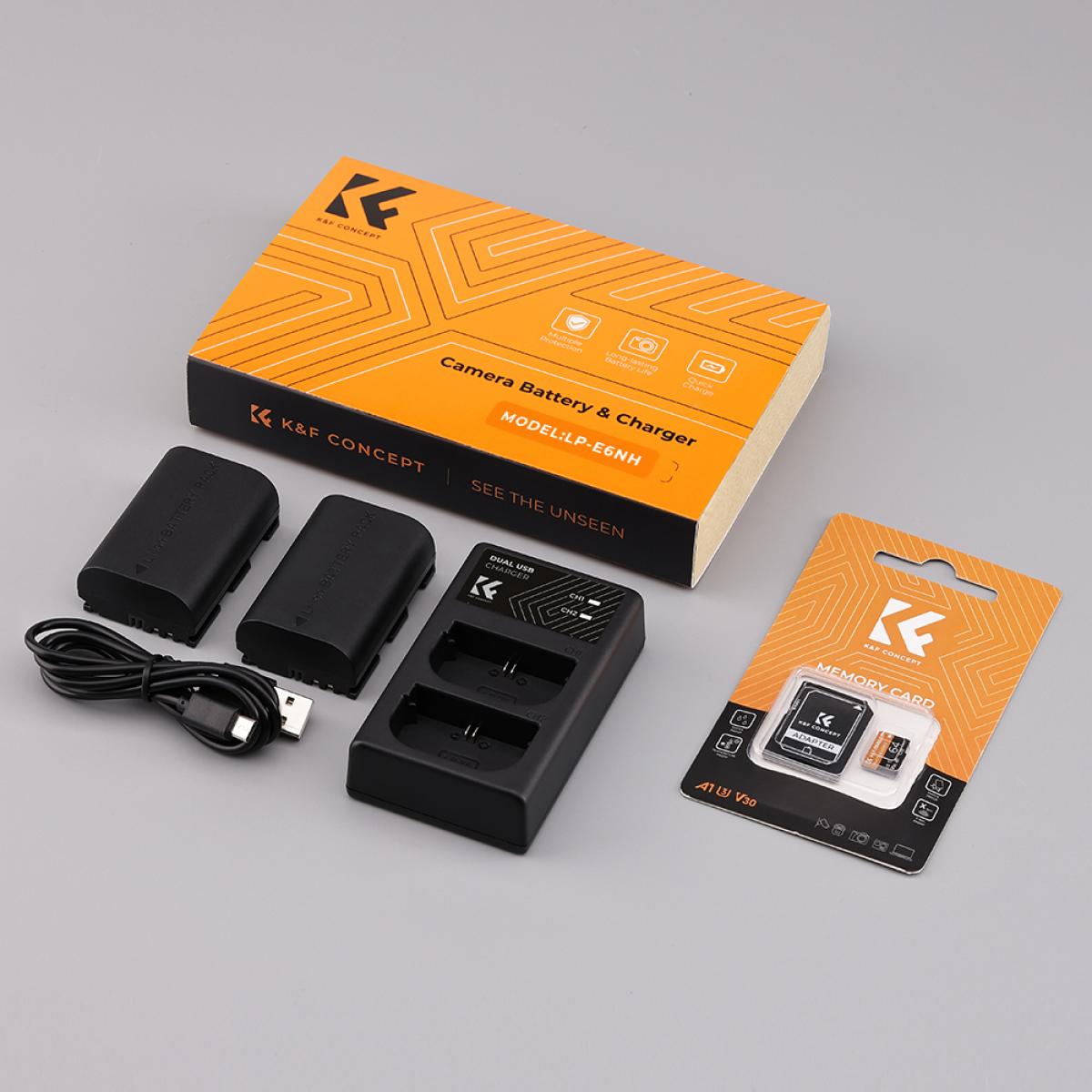 K&F CONCEPT LP-E6NH battery 2-pack + battery charger + 64GB micro SD card kit, Canon cameras with LP-E6NH/LP-E6N/LP-E6 batteries, Canon EOS R5, EOS R6, EOS R, EOS 5D Mark IV, 5D Mark III, 5DS, 5DS R, 5D Mark II, 6D, 6D Mark II, 7D, 7D Mark II,90D, 80D