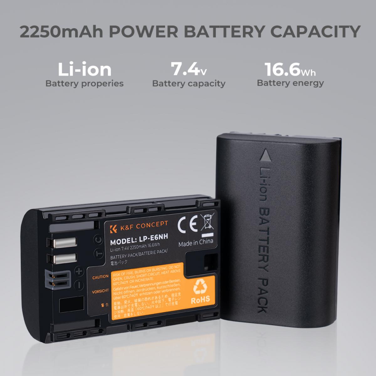 K&F CONCEPT LP-E6NH battery 2-pack + battery charger + 64GB micro SD card kit, Canon cameras with LP-E6NH/LP-E6N/LP-E6 batteries, Canon EOS R5, EOS R6, EOS R, EOS 5D Mark IV, 5D Mark III, 5DS, 5DS R, 5D Mark II, 6D, 6D Mark II, 7D, 7D Mark II,90D, 80D