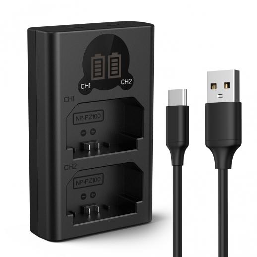 K&F Concept NP-FZ100 batterioplader med LCD-skærm, Micro USB og Type-C oplader til Sony Alpha A7 iii, A7R III (A7R3), A7R IV, A9, A6600, Alpha A9 II kamerabatterier