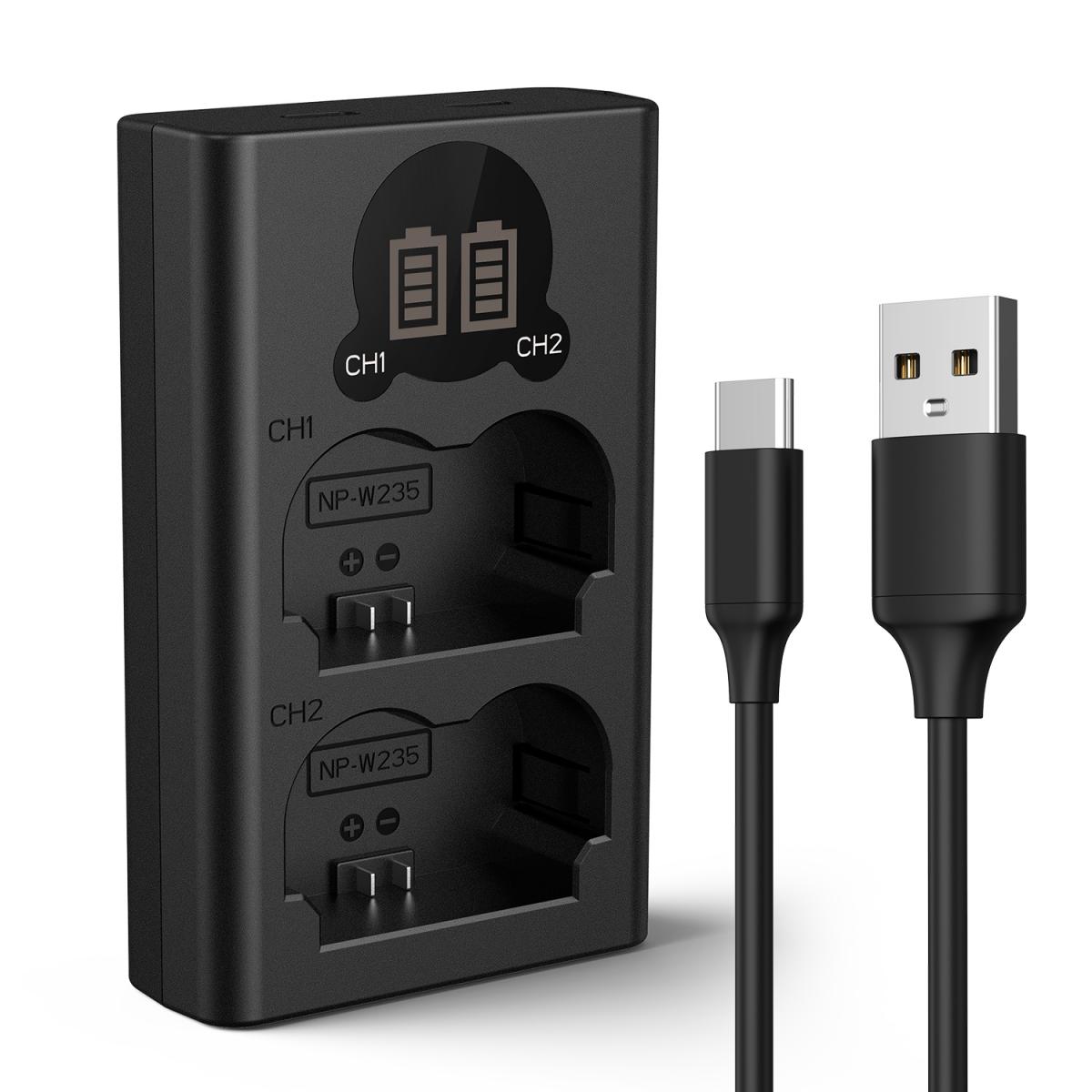 K&F Concept NP-W235 Batterilader med LCD-skjerm, Micro USB og Type-C Lader Lader for Fujifilm X-T5, X-T4, GFX 100S, X-H2S, GFX 50S II, VG-XT4