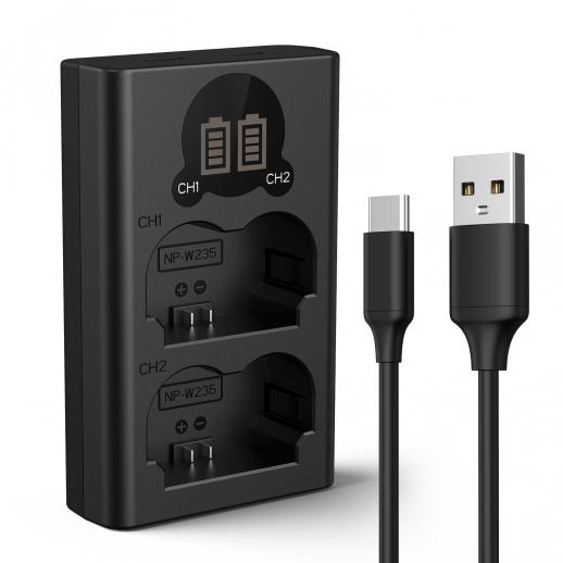 K&F Concept NP-W235 Batterilader med LCD-skjerm, Micro USB og Type-C Lader Lader for Fujifilm X-T5, X-T4, GFX 100S, X-H2S, GFX 50S II, VG-XT4