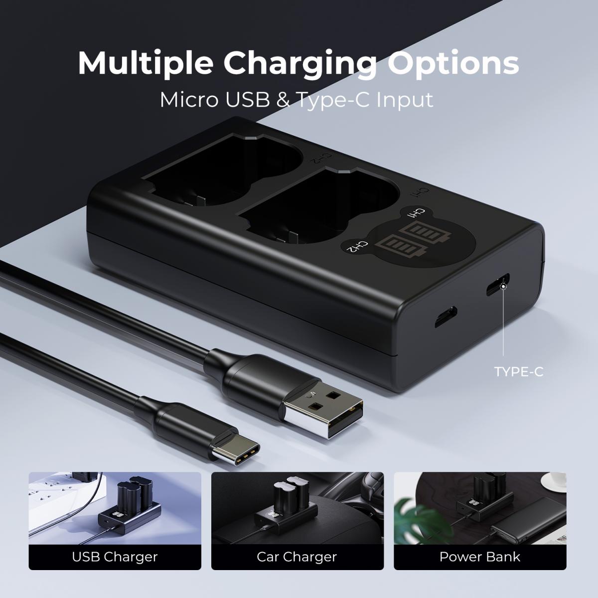 K&F Concept NP-W235 Batterilader med LCD-skjerm, Micro USB og Type-C Lader Lader for Fujifilm X-T5, X-T4, GFX 100S, X-H2S, GFX 50S II, VG-XT4