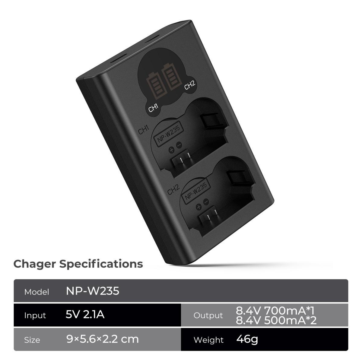 K&F Concept NP-W235 Batterilader med LCD-skjerm, Micro USB og Type-C Lader Lader for Fujifilm X-T5, X-T4, GFX 100S, X-H2S, GFX 50S II, VG-XT4