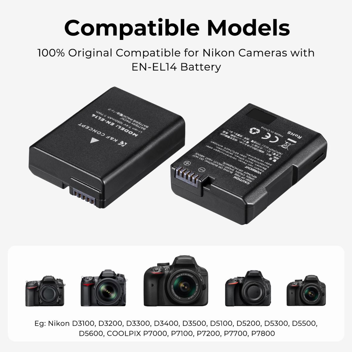 K&F CONCEPT EN-EL14 Kamera Batteriladdare Set för Nikon D3500 D5600 D3200 D3300 D3400 D5500 Coolpix P7800 P7700 P7200 P7100 P7000 (2 delar, 1050mAh, dubbla)