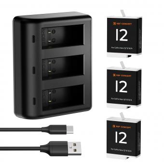 K&F Concept Hero 12 Batteri 3-Pack 1730mAh Enduro-batterier med 3-sporslader Kompatibel med GoPro Hero 12, GoPro Hero 11, GoPro Hero 10, GoPro Hero 9 Black Camera
