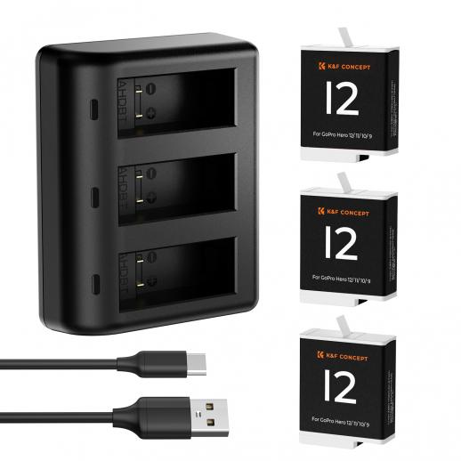K&F Concept Hero 12 Batteri 3-pak – 1730mAh GoPro Enduro-batterier med 3-slots oplader, kompatibel med GoPro Hero 12, Hero 11, Hero 10, Hero 9 Black kamera