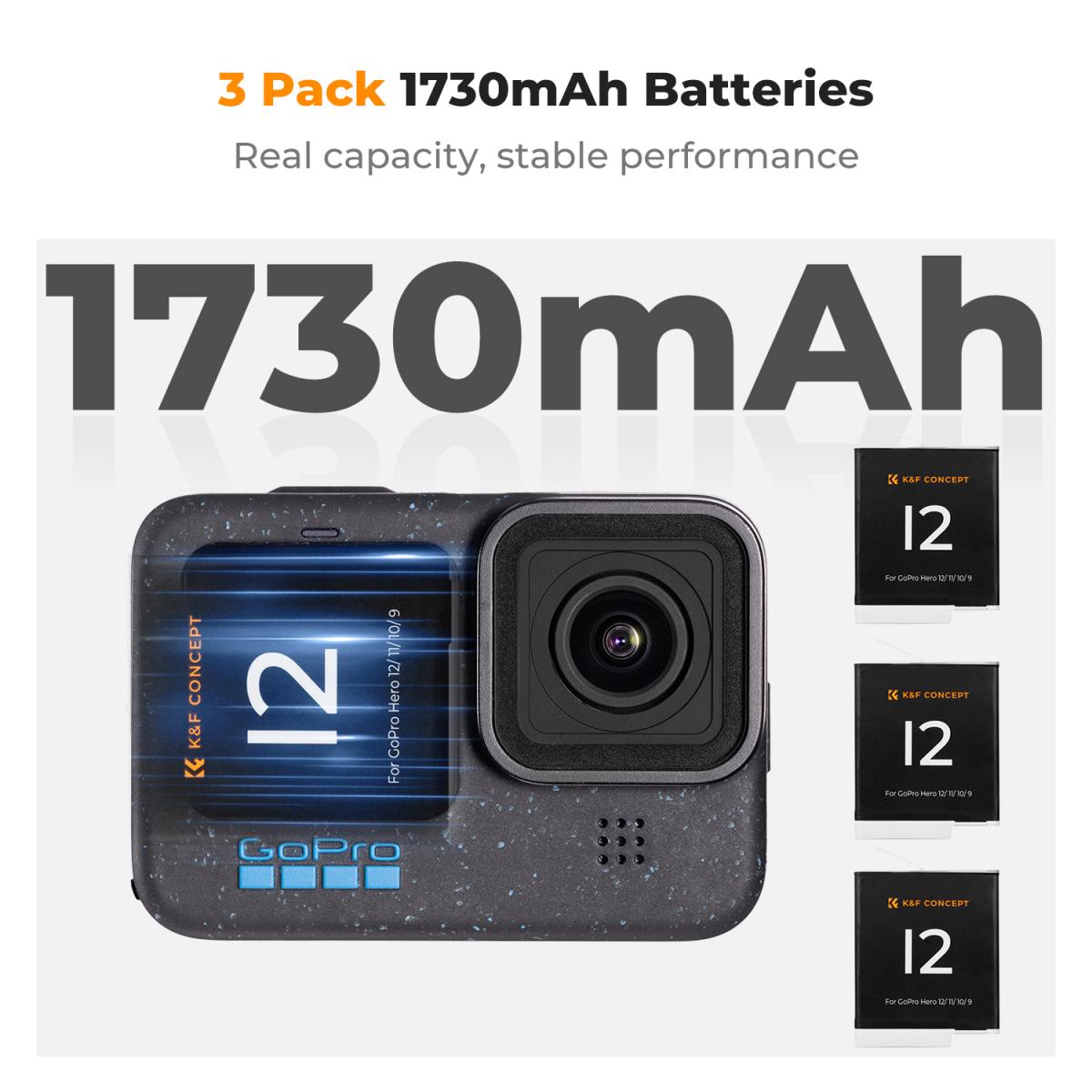 K&F Concept Hero 12 Akumulator 3-pak 1730mAh Akumulatory Enduro z 3-gniazdową ładowarką Kompatybilne z kamerami GoPro Hero 12, GoPro Hero 11, GoPro Hero 10, GoPro Hero 9 Black