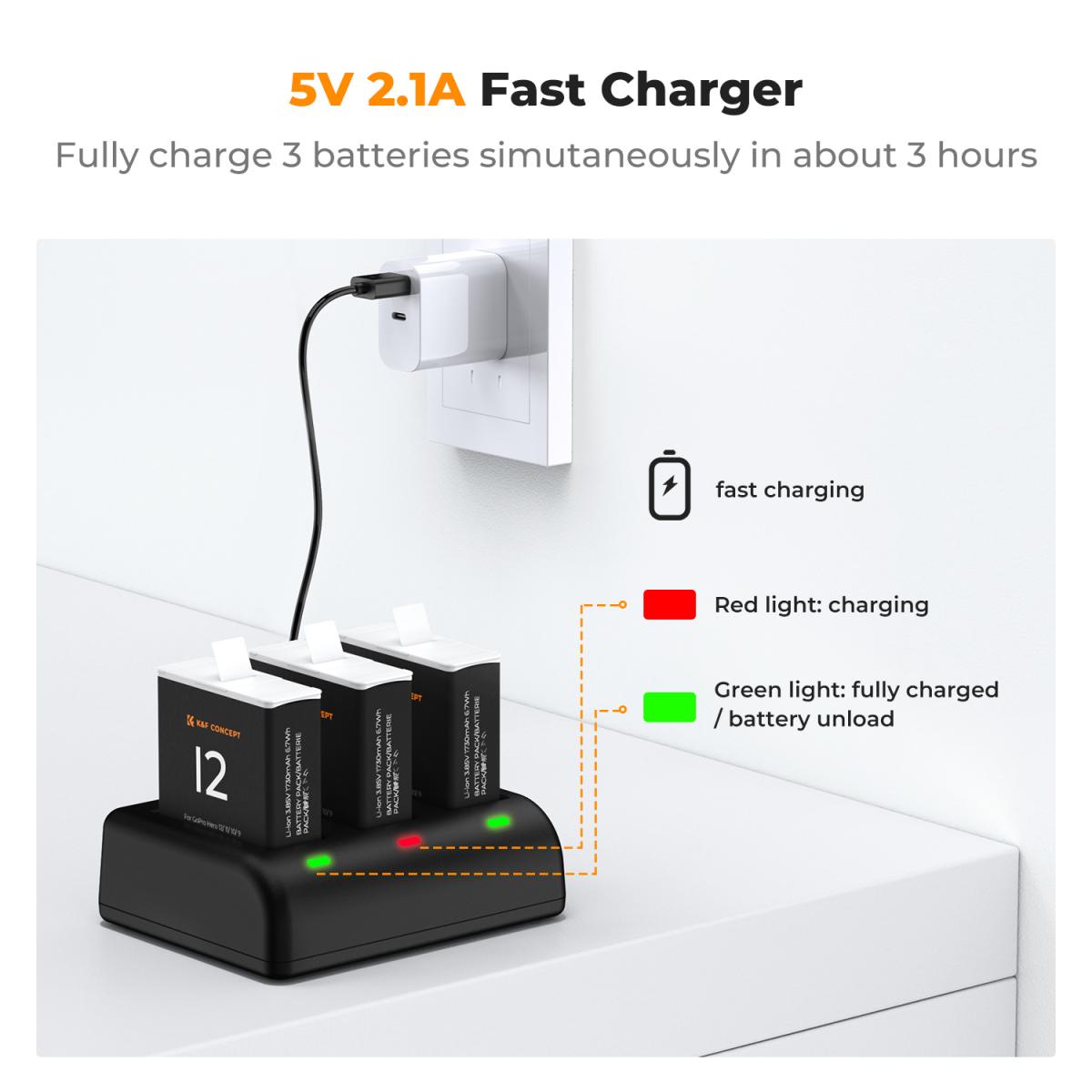 K&F Concept Hero 12 Akumulator 3-pak 1730mAh Akumulatory Enduro z 3-gniazdową ładowarką Kompatybilne z kamerami GoPro Hero 12, GoPro Hero 11, GoPro Hero 10, GoPro Hero 9 Black