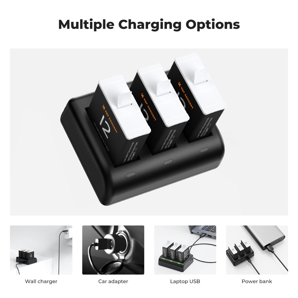 K&F Concept Hero 12 Akumulator 3-pak 1730mAh Akumulatory Enduro z 3-gniazdową ładowarką Kompatybilne z kamerami GoPro Hero 12, GoPro Hero 11, GoPro Hero 10, GoPro Hero 9 Black