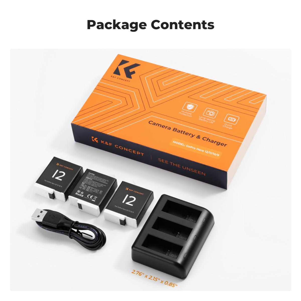 K&F Concept Hero 12 Akumulator 3-pak 1730mAh Akumulatory Enduro z 3-gniazdową ładowarką Kompatybilne z kamerami GoPro Hero 12, GoPro Hero 11, GoPro Hero 10, GoPro Hero 9 Black