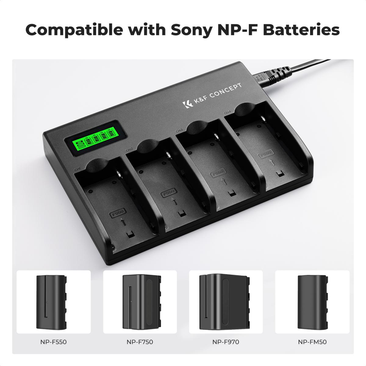 K&F Concept 4-kanals NP-F batteriladdare med LCD-skärm för Sony NP-F970, NP-F960, NP-F950, NP-F930, NP-F770, NP-F750, NP-F570, NP-F550 Camera Camcorder Battery US Plugg