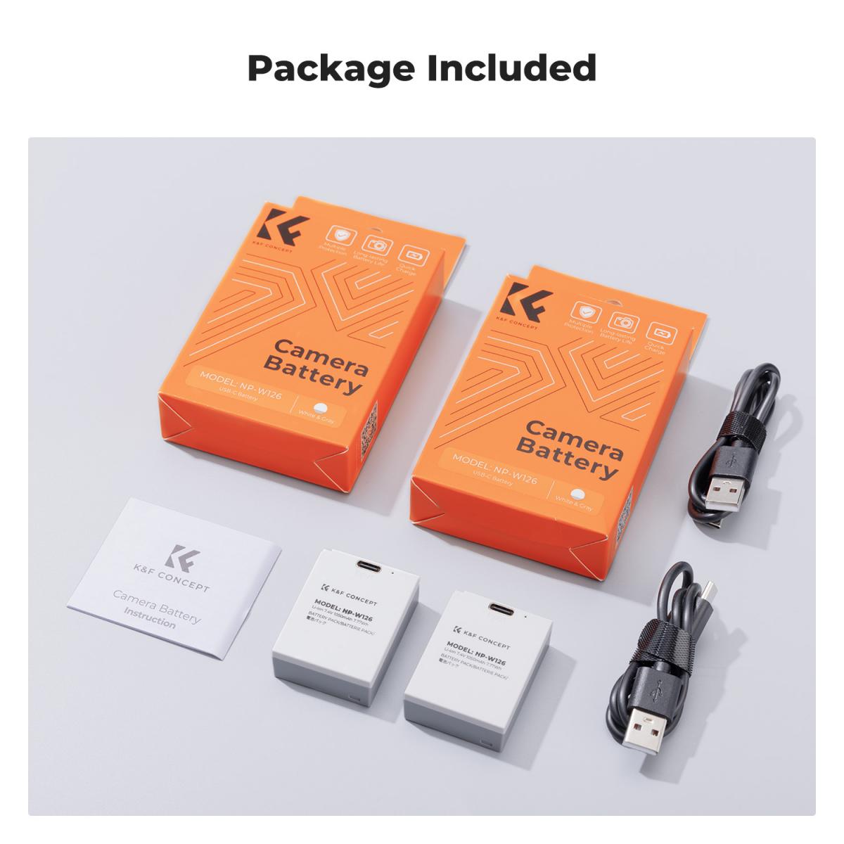 K&F Concept 2-Pack NP-W126 NP-W126S Batteria con Ricarica Rapida USB C per Fotocamere Fujifilm X100VI, X100V, XS10, XT30, XT30 II, XT20, XE4, A5