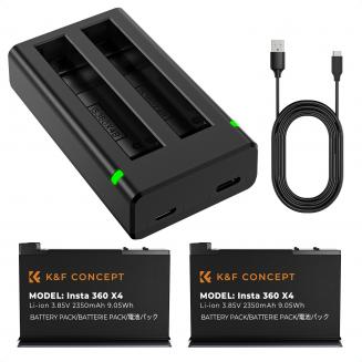 K&F Concept Insta 360 X4 batteri og lader, 2-pack 2350mAh X4 batteri og dobbel LED hurtigbatterilader for Insta 360 X4 tilbehør